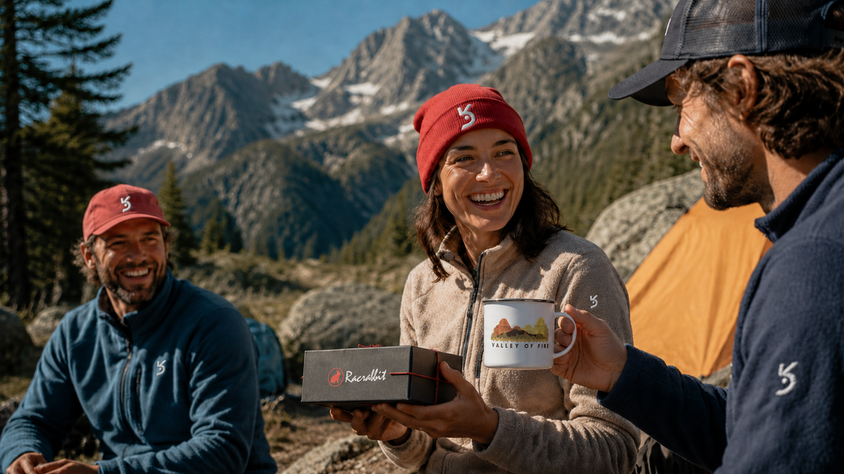 Racrabbit Gifts — amigos no acampamento com caneca Valley of Fire e presentes Racrabbit